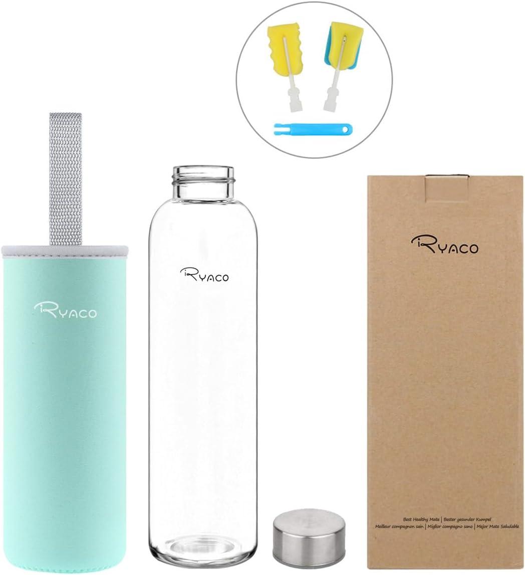 image:imageRyaco Bouteille deau en verre de 550ml18oz sans BPA Bouteille en borosilicate antifuiteIdale pour maison les voyages le sport le yoga la gym les boissons chaudes et froides avecMenthe Verte