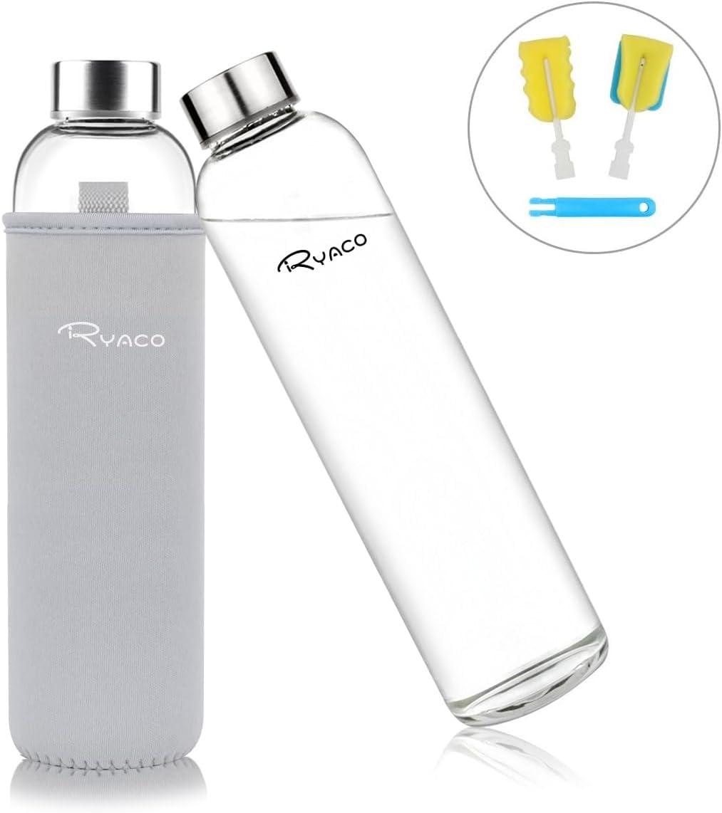 image:imageRyaco Bouteille deau en verre de 550ml18oz sans BPA Bouteille en borosilicate antifuiteIdale pour maison les voyages le sport le yoga la gym les boissons chaudes et froides avecGris Clair