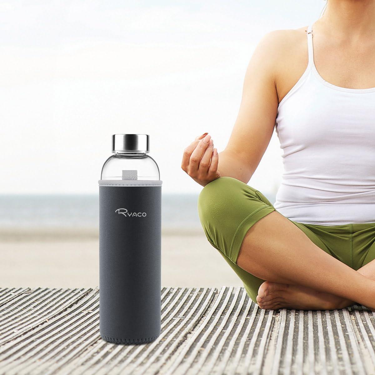 image:imageRyaco Bouteille deau en verre de 550ml18oz sans BPA Bouteille en borosilicate antifuiteIdale pour maison les voyages le sport le yoga la gym les boissons chaudes et froides avecGris Fonc