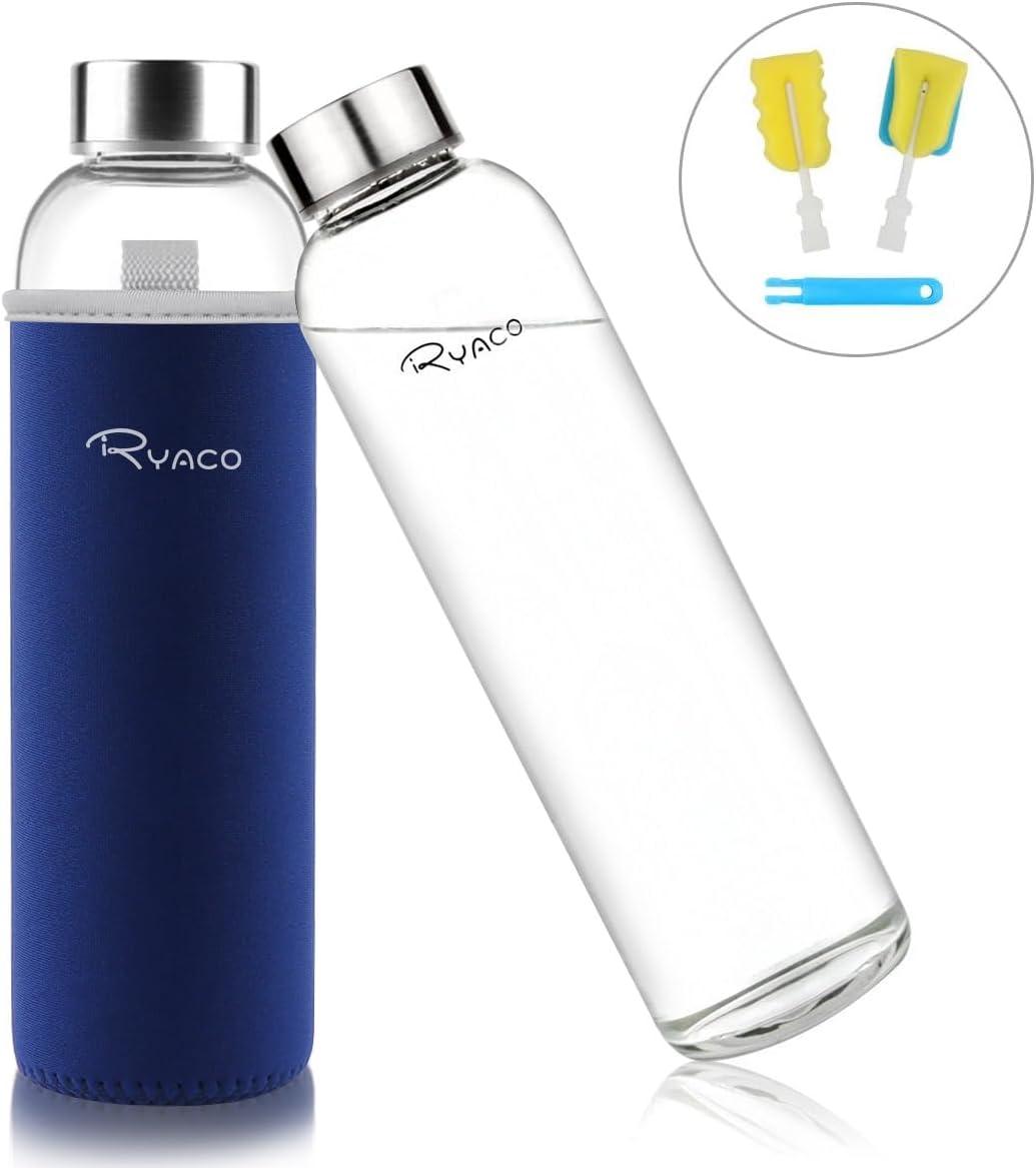 image:imageRyaco Bouteille deau en verre de 550ml18oz sans BPA Bouteille en borosilicate antifuiteIdale pour maison les voyages le sport le yoga la gym les boissons chaudes et froides avecSaphir