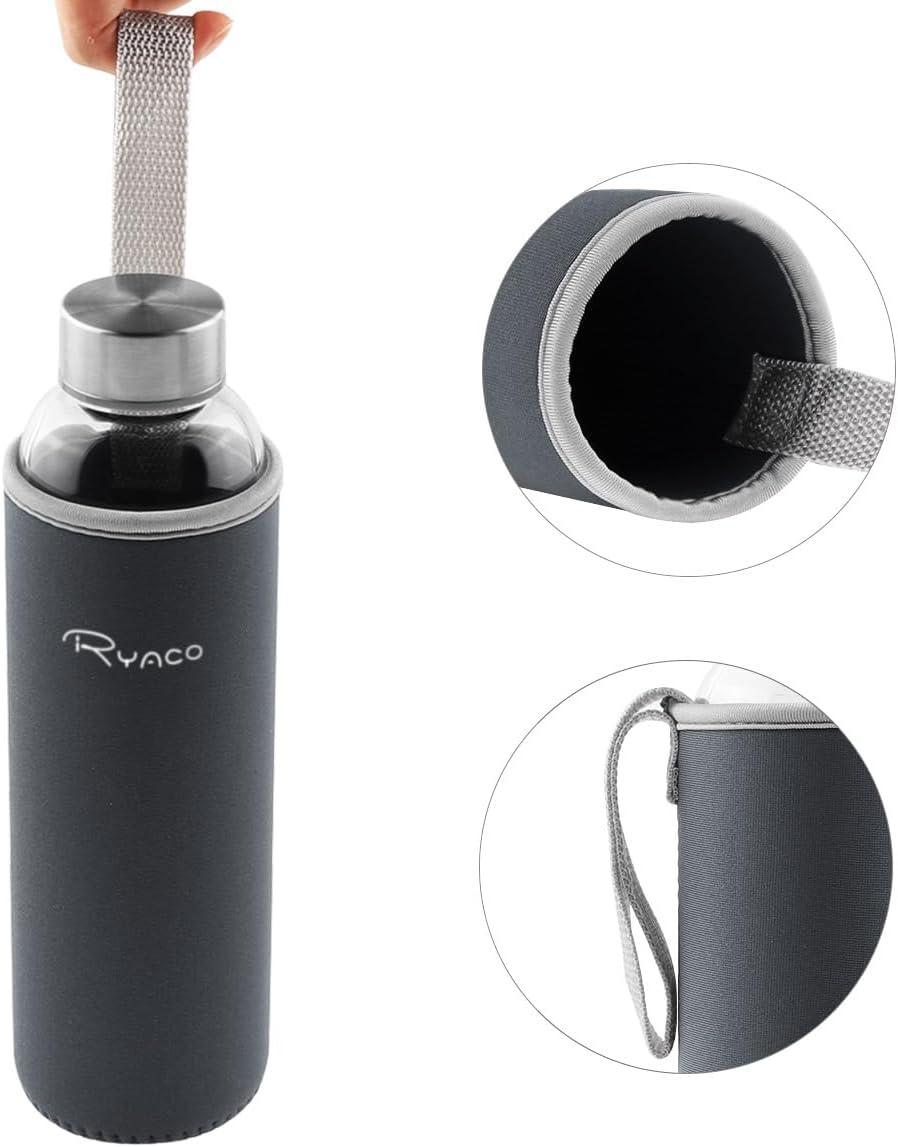 image:imageRyaco Bouteille deau en verre de 550ml18oz sans BPA Bouteille en borosilicate antifuiteIdale pour maison les voyages le sport le yoga la gym les boissons chaudes et froides avecGris Fonc