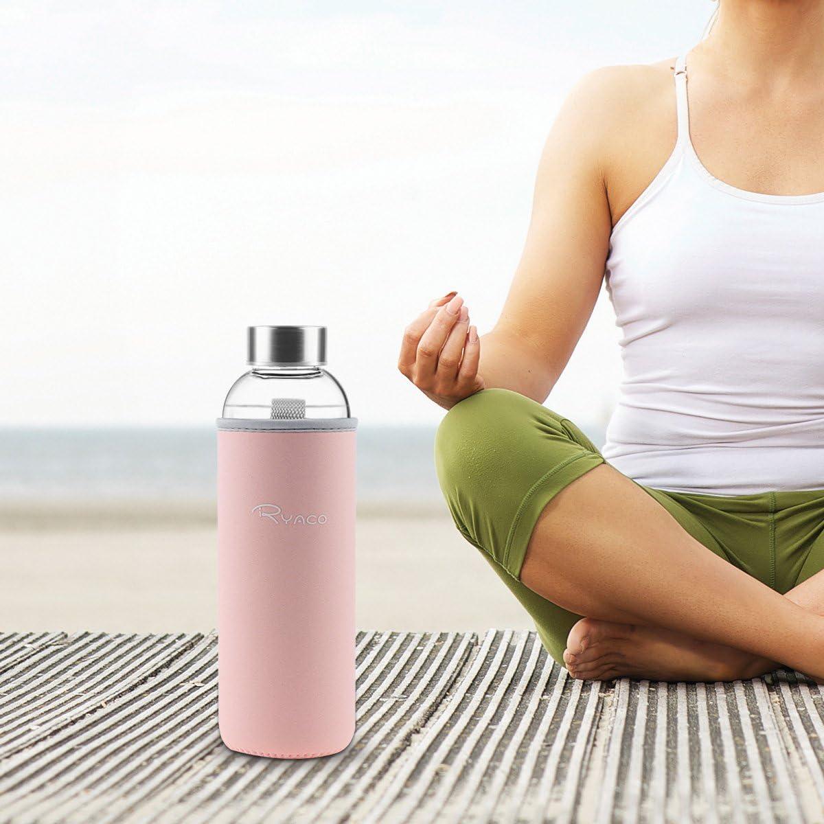 image:imageRyaco Bouteille deau en verre de 550ml18oz sans BPA Bouteille en borosilicate antifuiteIdale pour maison les voyages le sport le yoga la gym les boissons chaudes et froides avecRose