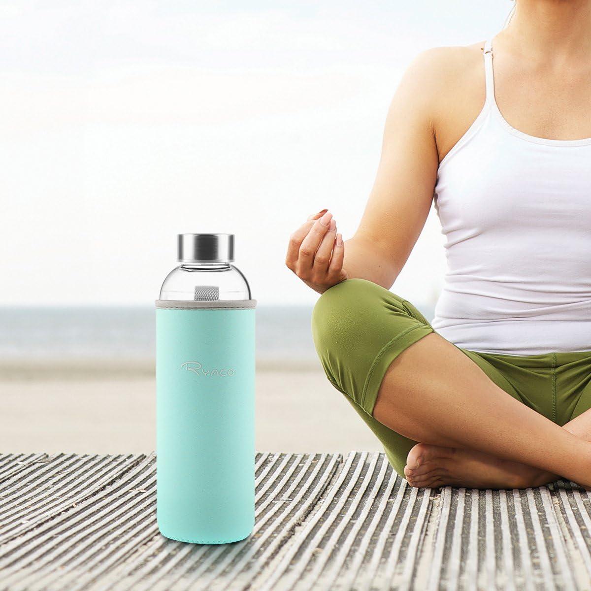 image:imageRyaco Bouteille deau en verre de 550ml18oz sans BPA Bouteille en borosilicate antifuiteIdale pour maison les voyages le sport le yoga la gym les boissons chaudes et froides avecMenthe Verte