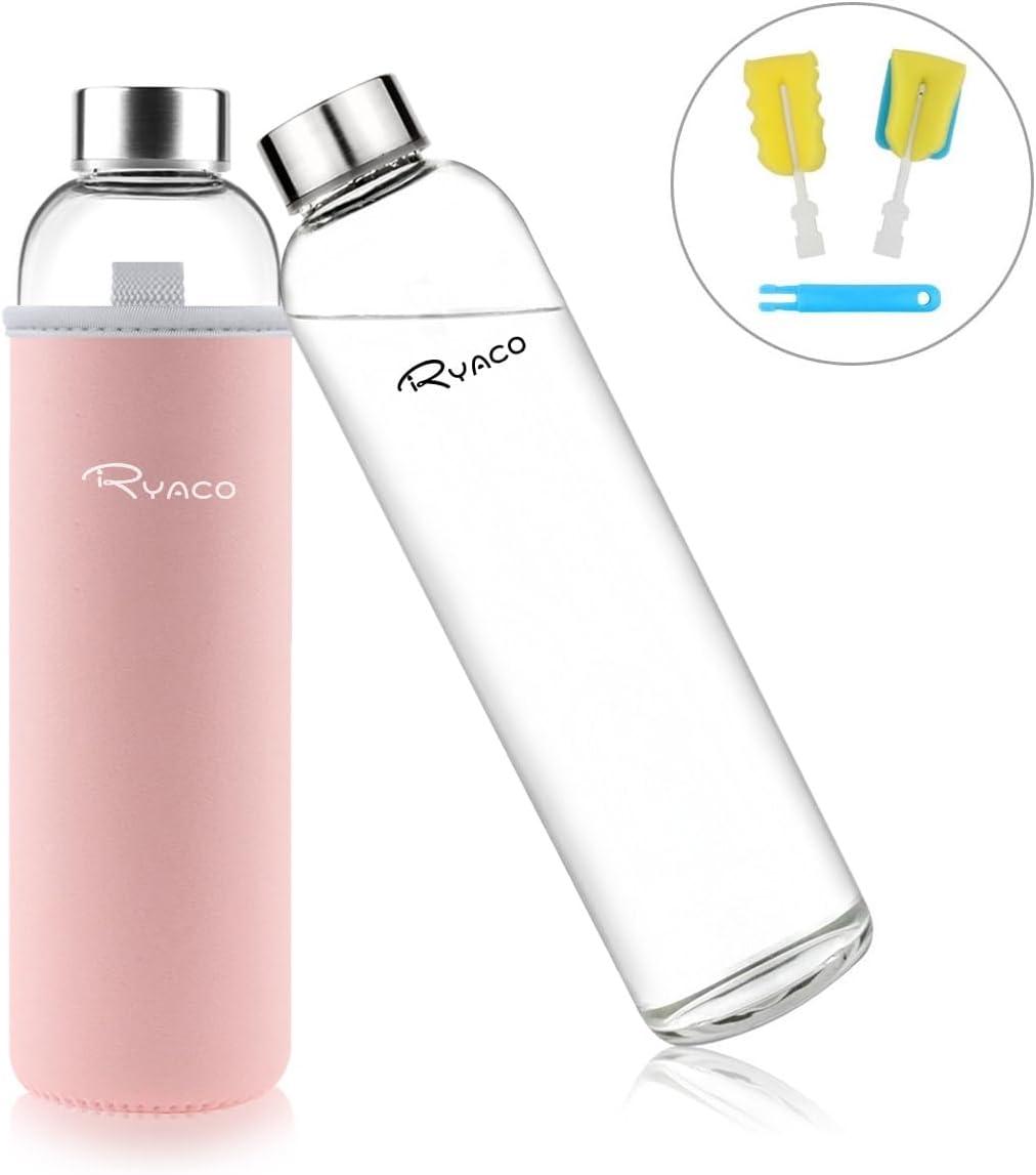 image:imageRyaco Bouteille deau en verre de 550ml18oz sans BPA Bouteille en borosilicate antifuiteIdale pour maison les voyages le sport le yoga la gym les boissons chaudes et froides avecRose