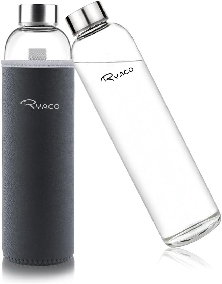 image:imageRyaco Bouteille deau en verre de 550ml18oz sans BPA Bouteille en borosilicate antifuiteIdale pour maison les voyages le sport le yoga la gym les boissons chaudes et froides avecGris Fonc