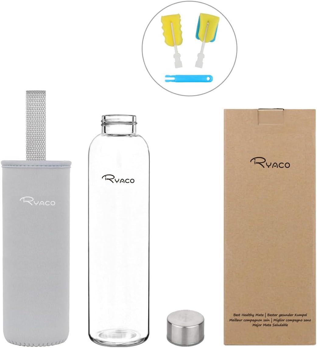 image:imageRyaco Bouteille deau en verre de 550ml18oz sans BPA Bouteille en borosilicate antifuiteIdale pour maison les voyages le sport le yoga la gym les boissons chaudes et froides avecGris Clair