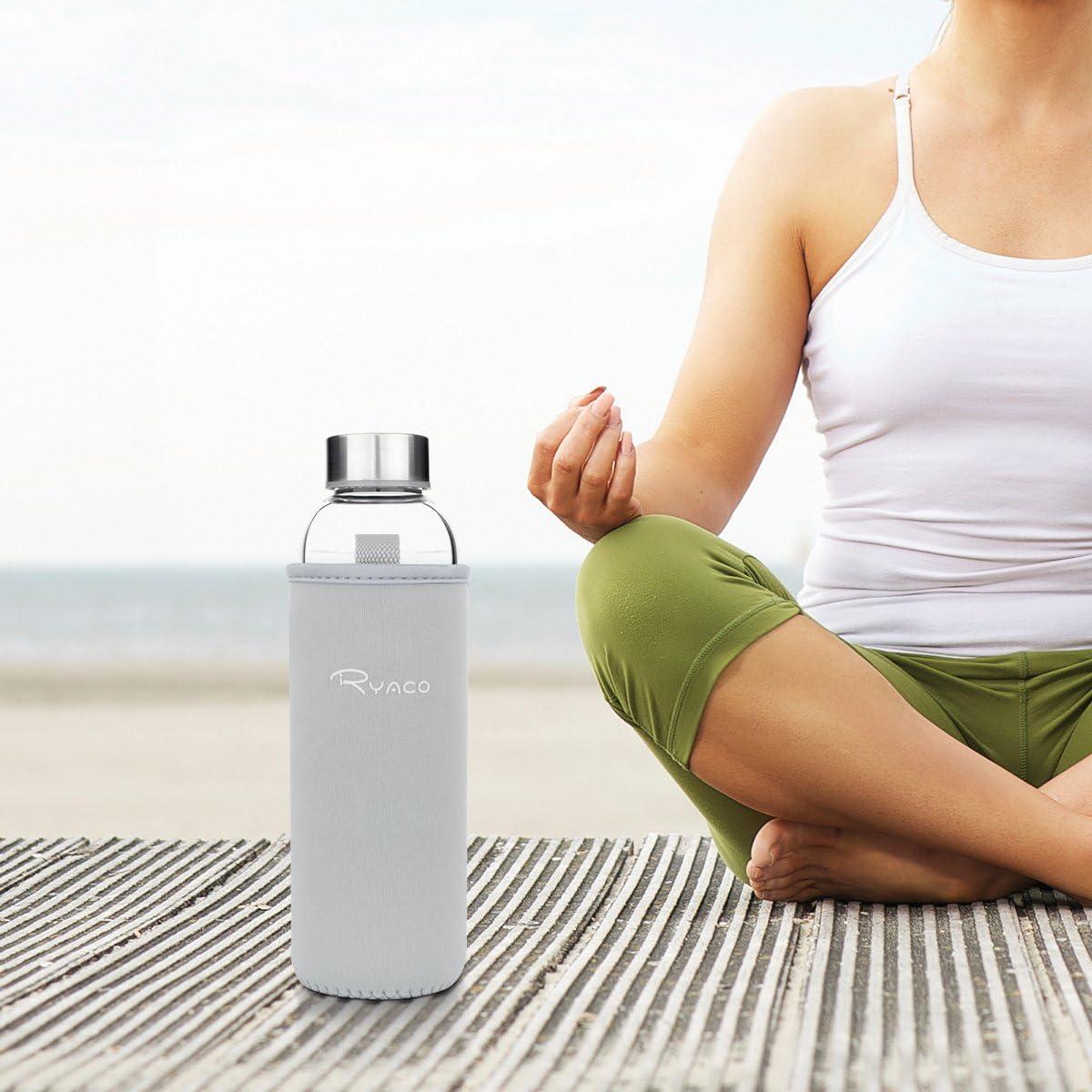 image:imageRyaco Bouteille deau en verre de 550ml18oz sans BPA Bouteille en borosilicate antifuiteIdale pour maison les voyages le sport le yoga la gym les boissons chaudes et froides avecGris Clair