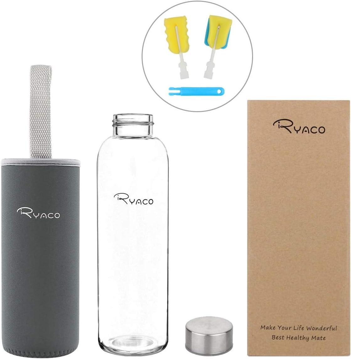 image:imageRyaco Bouteille deau en verre de 550ml18oz sans BPA Bouteille en borosilicate antifuiteIdale pour maison les voyages le sport le yoga la gym les boissons chaudes et froides avecGris Fonc