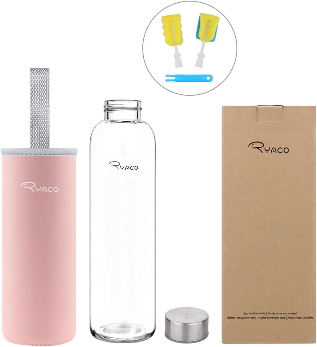 image:imageRyaco Bouteille deau en verre de 550ml18oz sans BPA Bouteille en borosilicate antifuiteIdale pour maison les voyages le sport le yoga la gym les boissons chaudes et froides avecRose