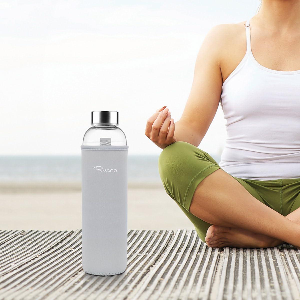 image:imageRyaco Bouteille deau en verre de 550ml18oz sans BPA Bouteille en borosilicate antifuiteIdale pour maison les voyages le sport le yoga la gym les boissons chaudes et froides avecGris Clair