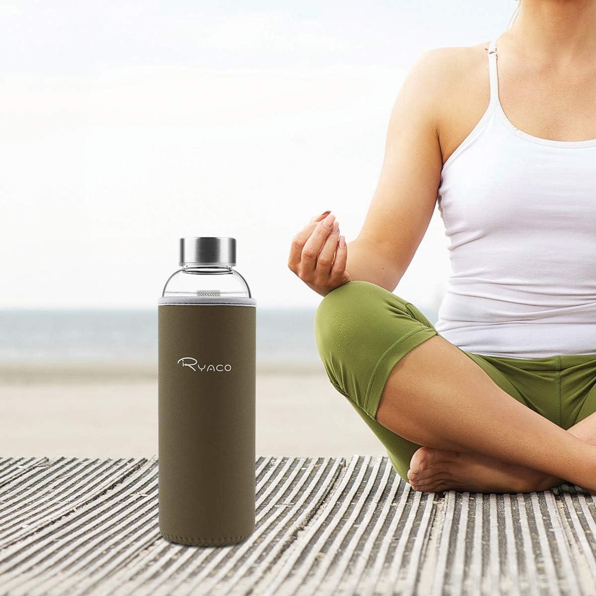 image:imageRyaco Bouteille deau en verre de 550ml18oz sans BPA Bouteille en borosilicate antifuiteIdale pour maison les voyages le sport le yoga la gym les boissons chaudes et froides avecCaf Lger