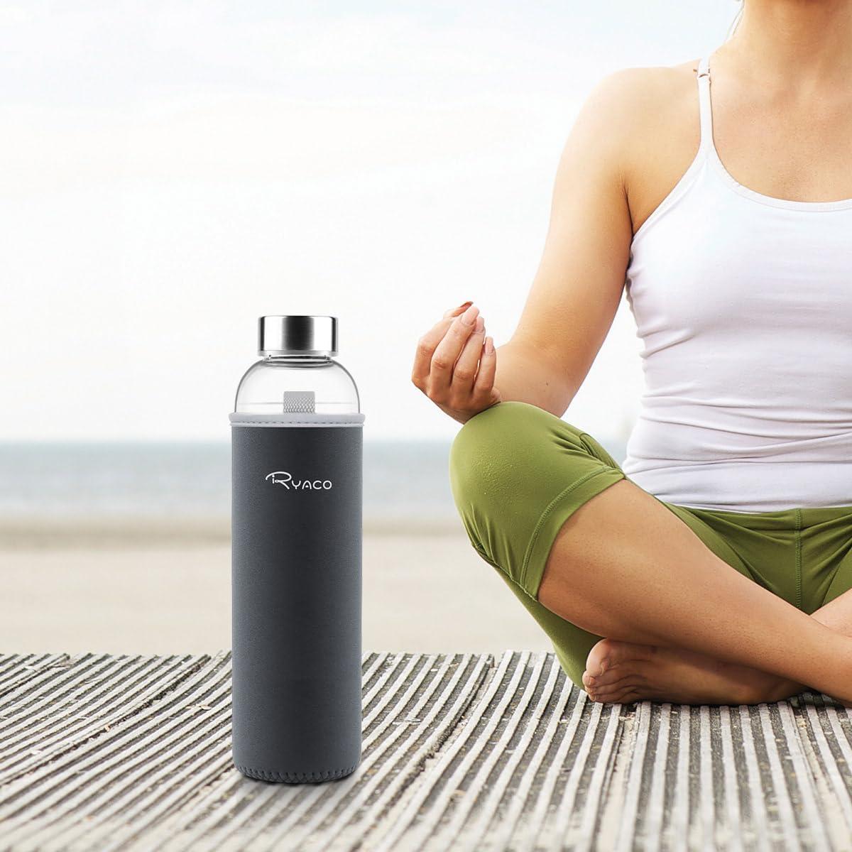 image:imageRyaco Bouteille deau en verre de 550ml18oz sans BPA Bouteille en borosilicate antifuiteIdale pour maison les voyages le sport le yoga la gym les boissons chaudes et froides avecGris Fonc