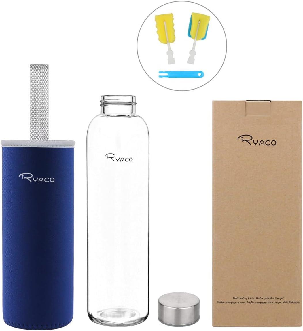 image:imageRyaco Bouteille deau en verre de 550ml18oz sans BPA Bouteille en borosilicate antifuiteIdale pour maison les voyages le sport le yoga la gym les boissons chaudes et froides avecSaphir