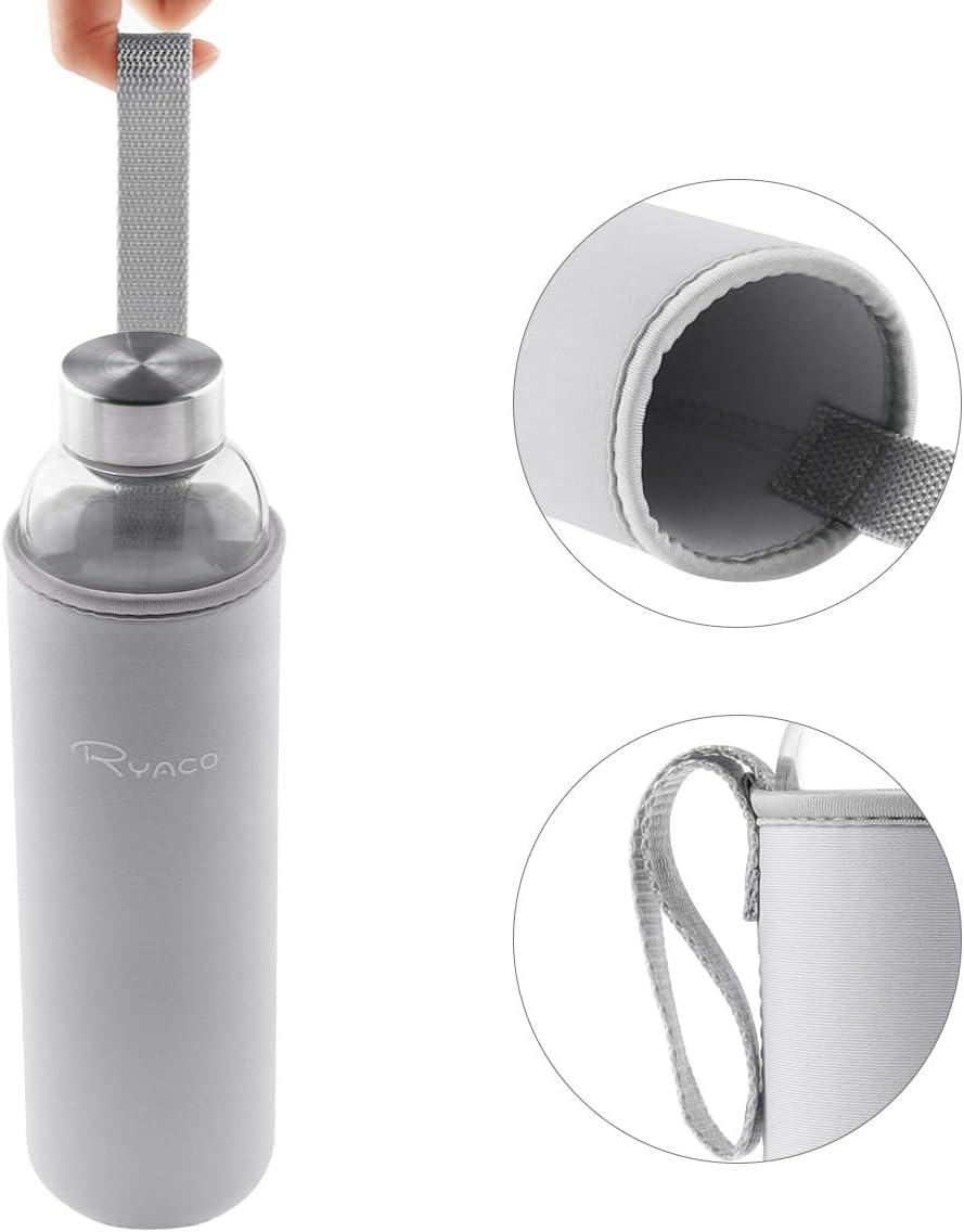 image:imageRyaco Bouteille deau en verre de 550ml18oz sans BPA Bouteille en borosilicate antifuiteIdale pour maison les voyages le sport le yoga la gym les boissons chaudes et froides avecGris Clair