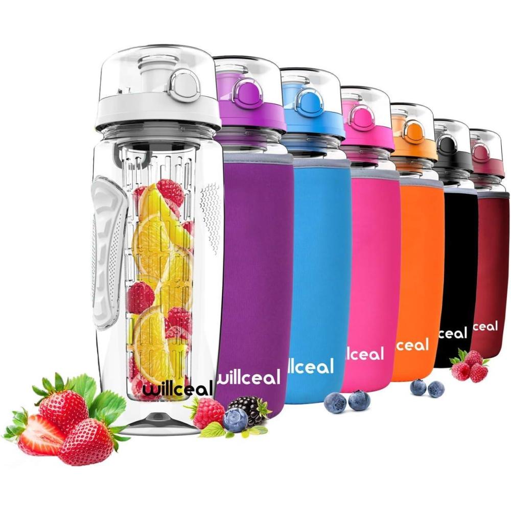 image:imageBouteille deau avec infuseur Fruits 095 l Fabrique en Tritan sans BPA Couvercle Rabat AntiFuite Convient pour Le Sports et Le CampingBlanc