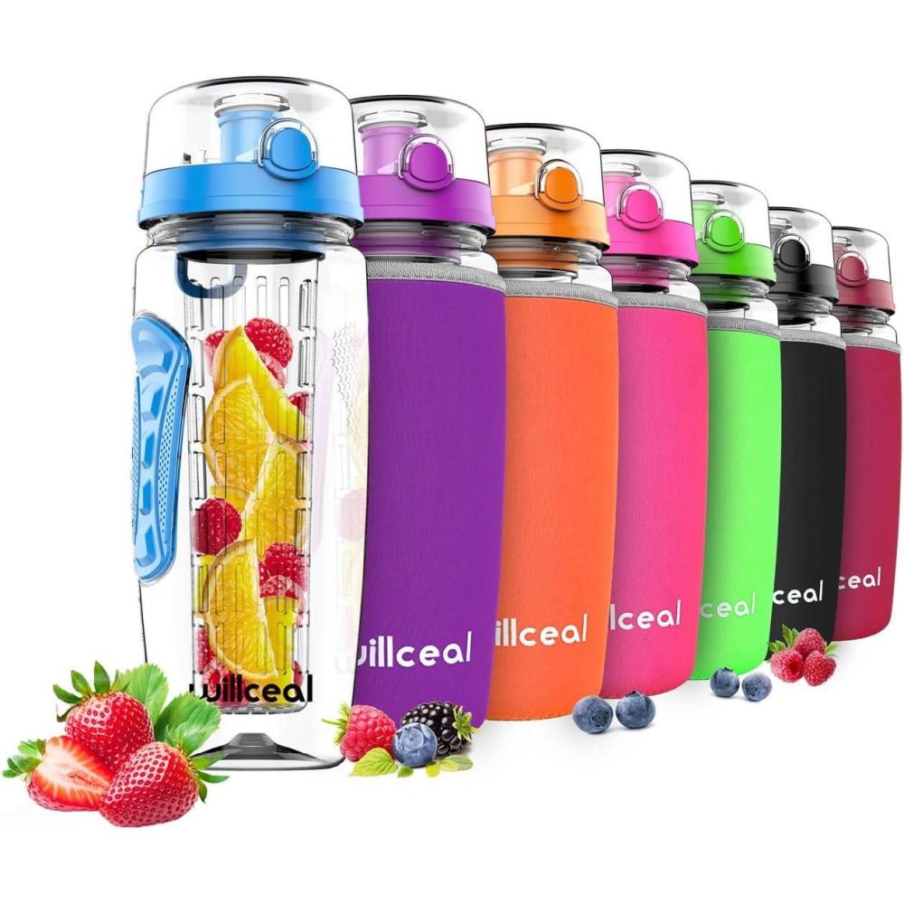image:imageBouteille deau avec infuseur Fruits 095 l Fabrique en Tritan sans BPA Couvercle Rabat AntiFuite Convient pour Le Sports et Le CampingBleu