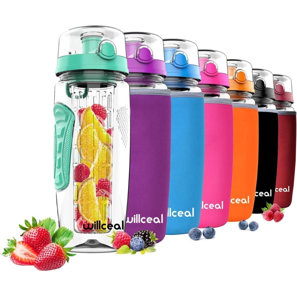 image:imageBouteille deau avec infuseur Fruits 095 l Fabrique en Tritan sans BPA Couvercle Rabat AntiFuite Convient pour Le Sports et Le CampingMenthe Verte