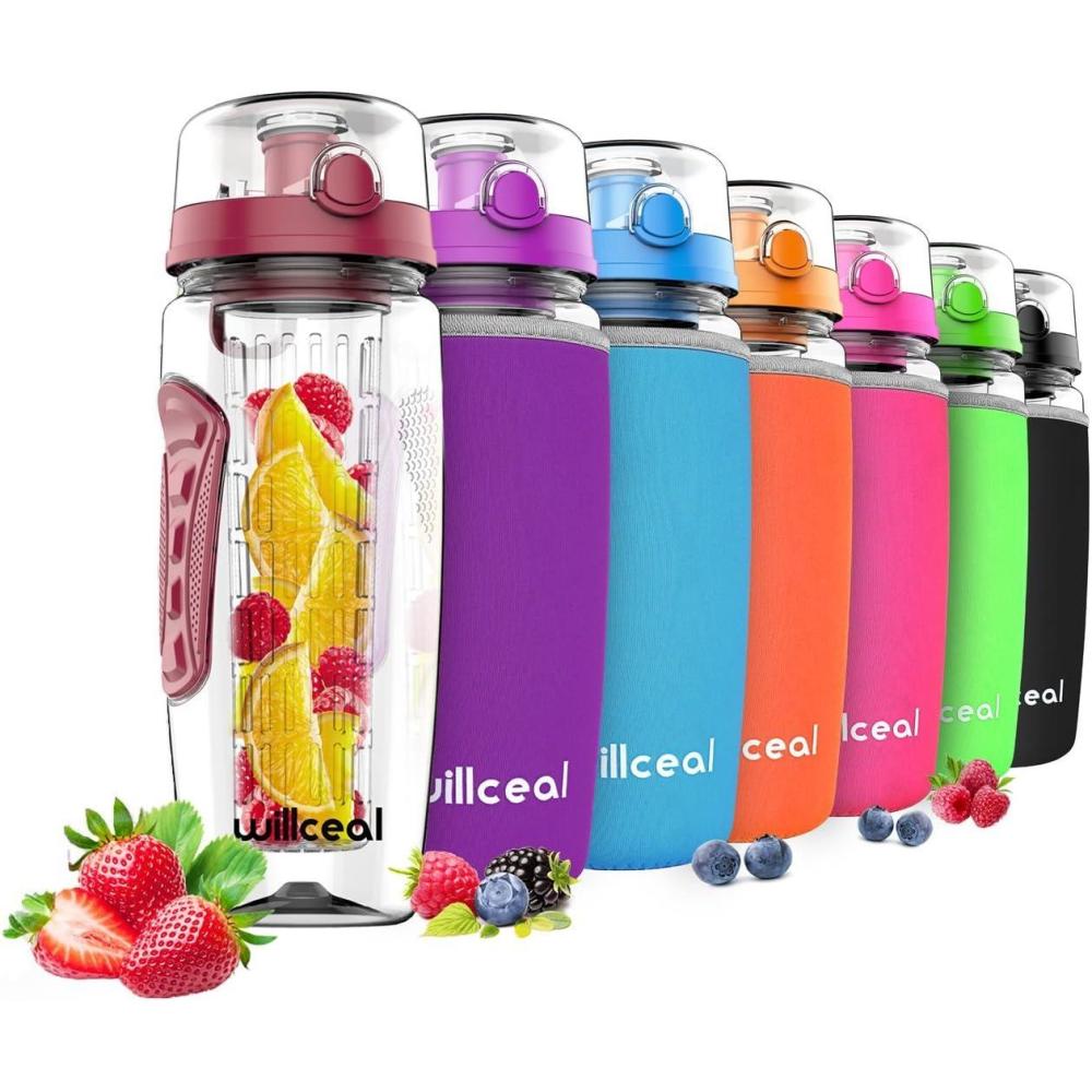 image:imageBouteille deau avec infuseur Fruits 095 l Fabrique en Tritan sans BPA Couvercle Rabat AntiFuite Convient pour Le Sports et Le CampingRouge Fonc