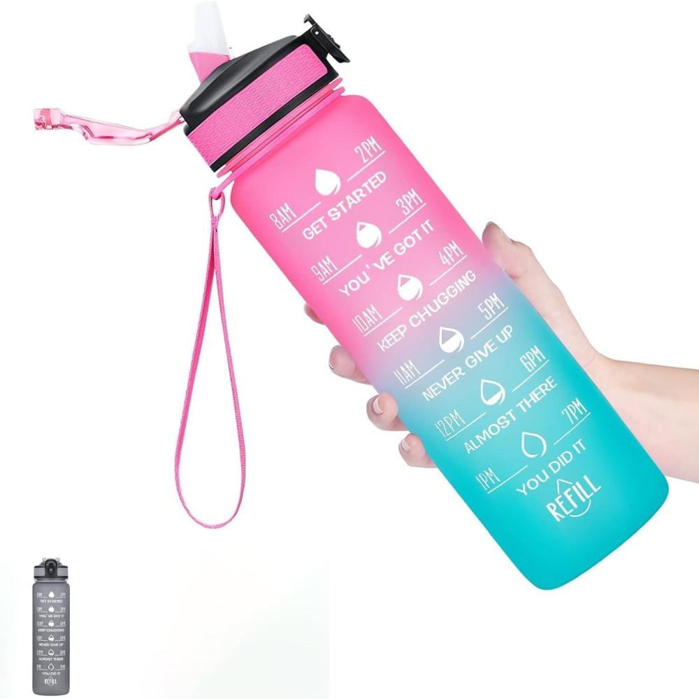 image:imageGourde 1L avec Paille et Marqueur de Temps Gourde de Sport Sans BPA et tanche Bouteille dEau Rutilisable pour Enfants et Adultes Idale pour Salle de Sport Vlo EntranementRose et Bleu