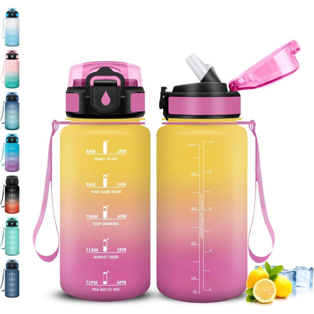 image:imageGourde Gourde 1l avec Paille Gourdes Sport anti Fuite Gourdes Gradue avec Slogan de Motivation Gourd Motivation Facile Nettoyer Bouteille deau pour Aptitude Camping RandonneJaunerose