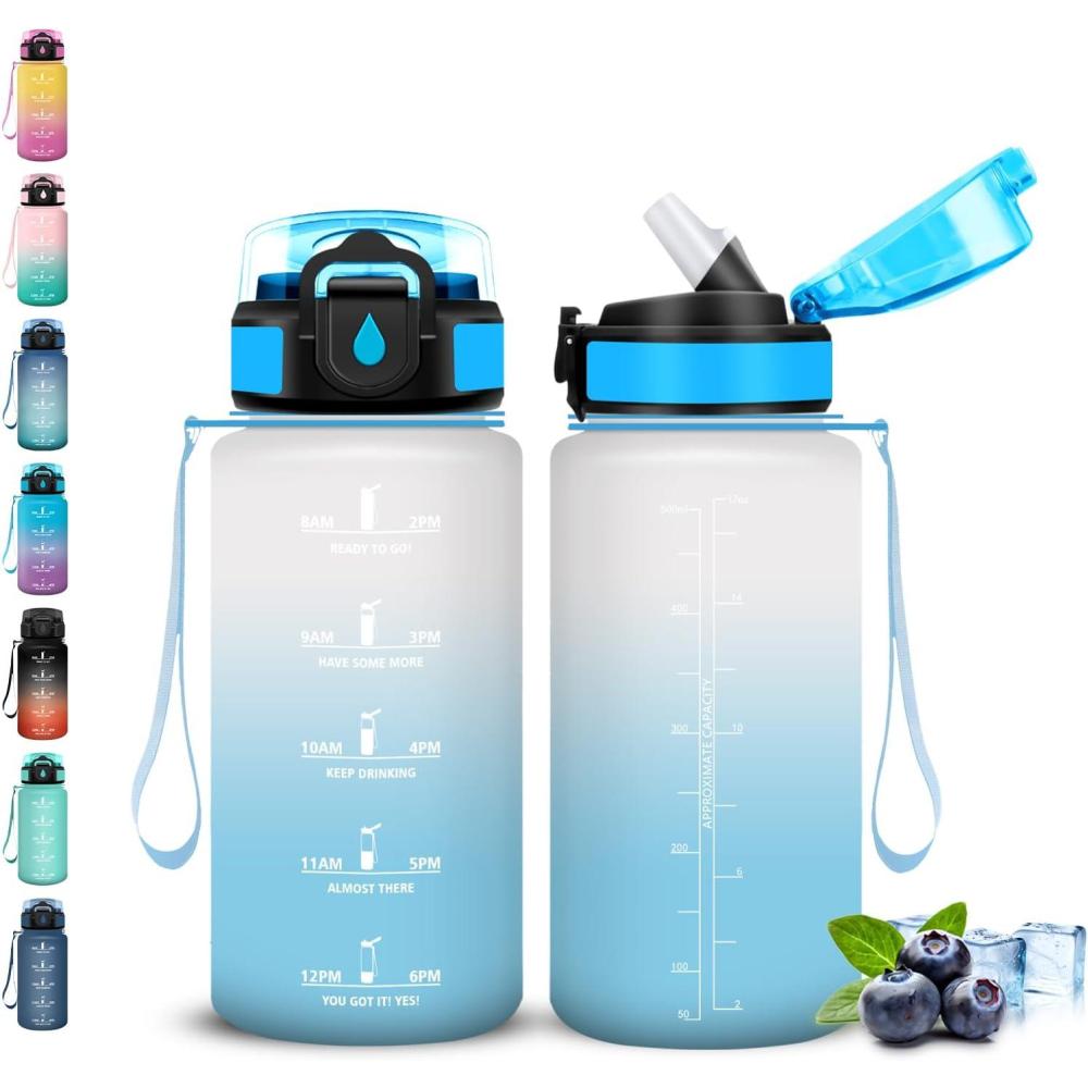 image:imageGourde Gourde 1l avec Paille Gourdes Sport anti Fuite Gourdes Gradue avec Slogan de Motivation Gourd Motivation Facile Nettoyer Bouteille deau pour Aptitude Camping RandonneBlancbleu