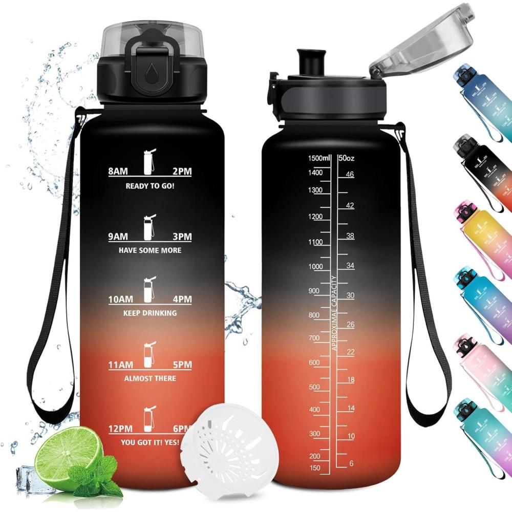 image:imageGourde Sport 1L Gourde Gym sans BPA tanche et Rutilisable Bouteille deau avec Marqueur de Temps et Filtre Gourdes pour Enfant Adulte Garon Fille lcole Camping Gym Sport Yoga50oz1500ml Noir Rouge