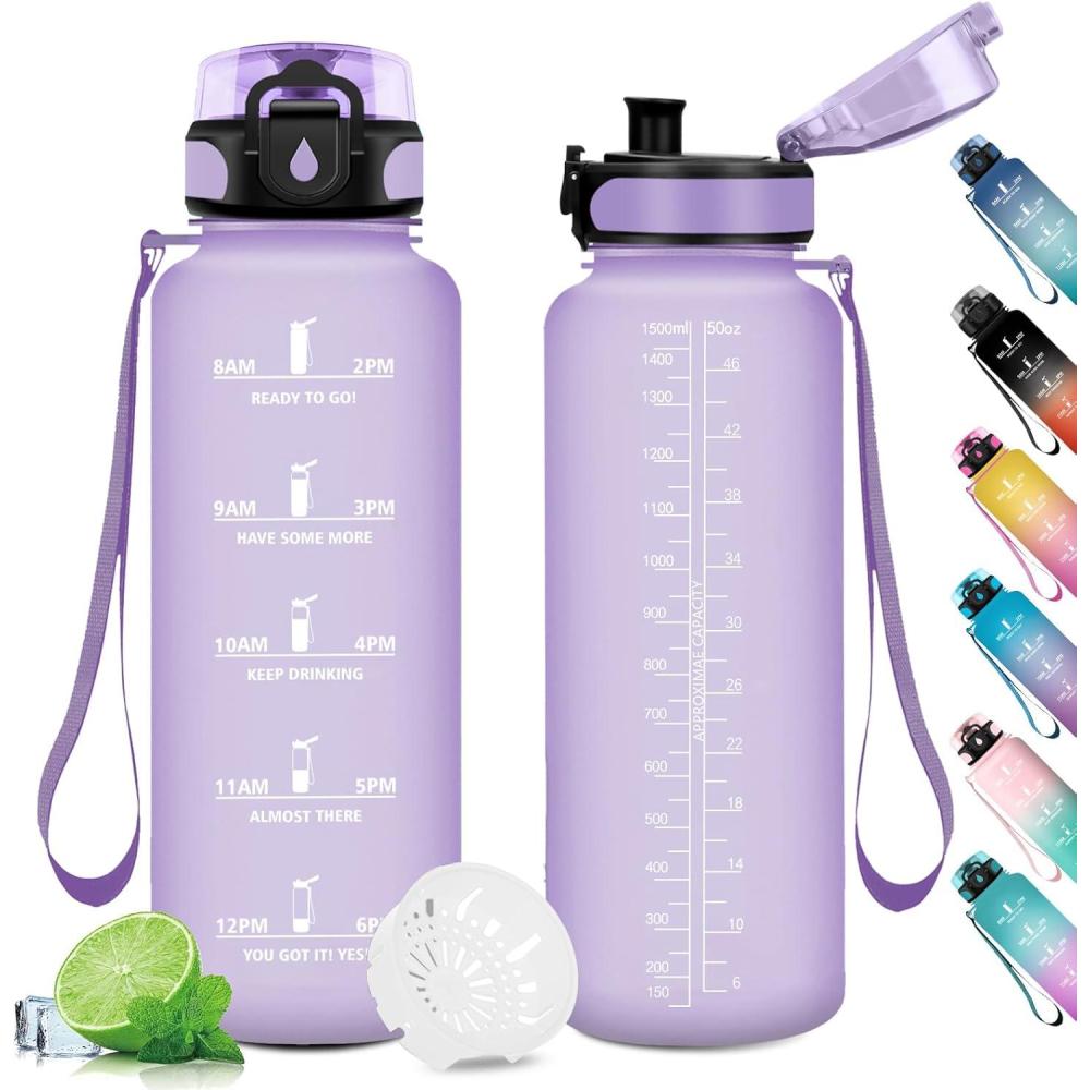 image:imageGourde Sport 1L Gourde Gym sans BPA tanche et Rutilisable Bouteille deau avec Marqueur de Temps et Filtre Gourdes pour Enfant Adulte Garon Fille lcole Camping Gym Sport Yoga50oz1500ml Mat Violet Clair