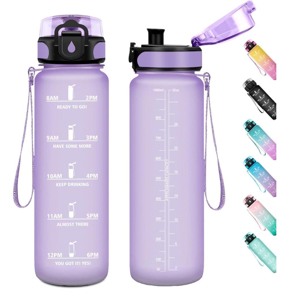 image:imageGourde Sport 1L Gourde Gym sans BPA tanche et Rutilisable Bouteille deau avec Marqueur de Temps et Filtre Gourdes pour Enfant Adulte Garon Fille lcole Camping Gym Sport Yoga32oz1000ml Mat Violet Clair