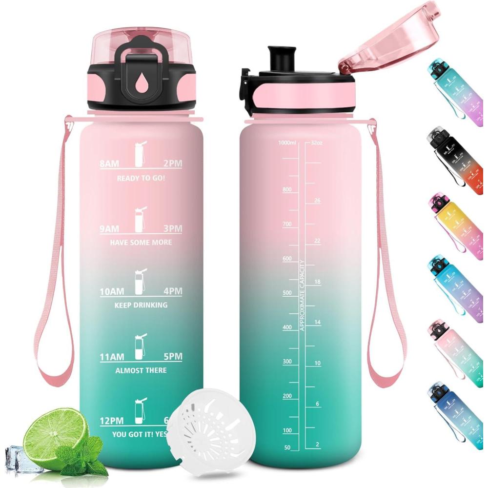 image:imageGourde Sport 1L Gourde Gym sans BPA tanche et Rutilisable Bouteille deau avec Marqueur de Temps et Filtre Gourdes pour Enfant Adulte Garon Fille lcole Camping Gym Sport Yoga32oz1000ml Rose Cyan
