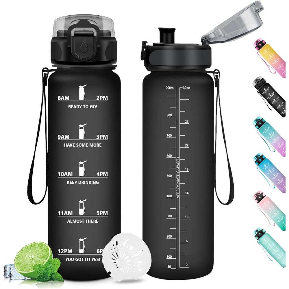 image:imageGourde Sport 1L Gourde Gym sans BPA tanche et Rutilisable Bouteille deau avec Marqueur de Temps et Filtre Gourdes pour Enfant Adulte Garon Fille lcole Camping Gym Sport Yoga32oz1000ml Mat Noir