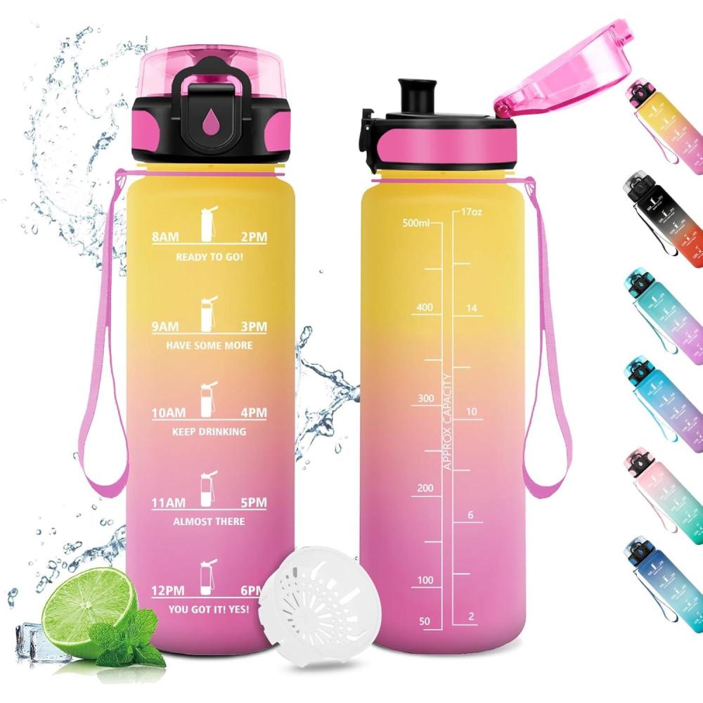 image:imageGourde Sport 1L Gourde Gym sans BPA tanche et Rutilisable Bouteille deau avec Marqueur de Temps et Filtre Gourdes pour Enfant Adulte Garon Fille lcole Camping Gym Sport Yoga17oz500ml Jaune Rose