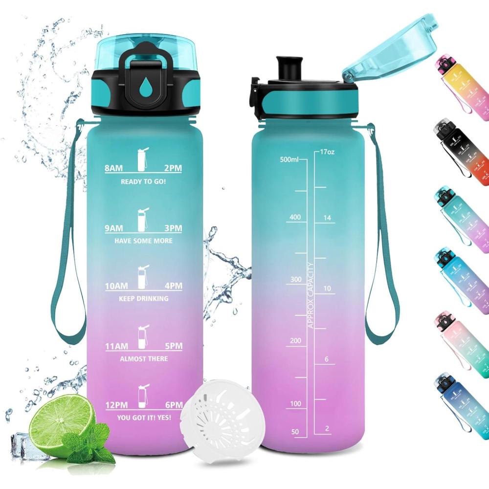 image:imageGourde Sport 1L Gourde Gym sans BPA tanche et Rutilisable Bouteille deau avec Marqueur de Temps et Filtre Gourdes pour Enfant Adulte Garon Fille lcole Camping Gym Sport Yoga17oz500ml Vert Rose Clair