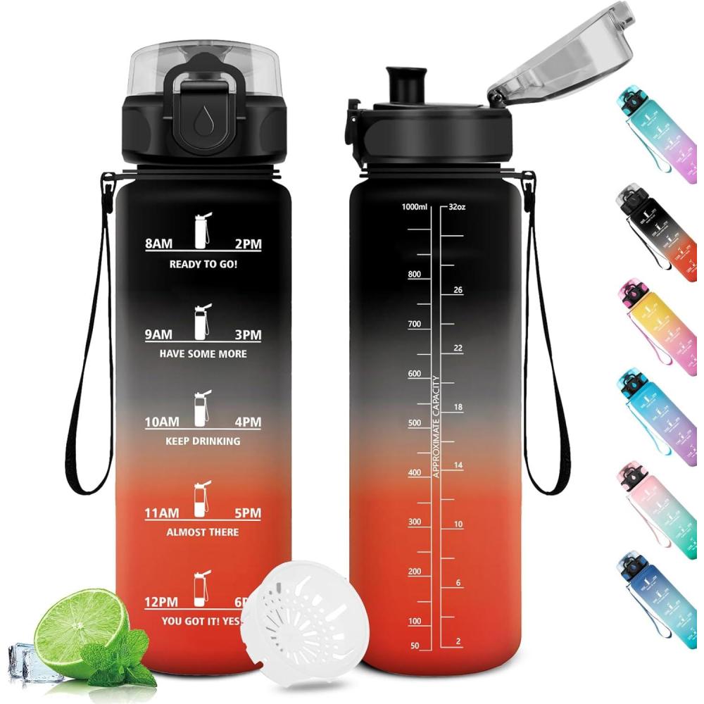 image:imageGourde Sport 1L Gourde Gym sans BPA tanche et Rutilisable Bouteille deau avec Marqueur de Temps et Filtre Gourdes pour Enfant Adulte Garon Fille lcole Camping Gym Sport Yoga32oz1000ml Noir Rouge
