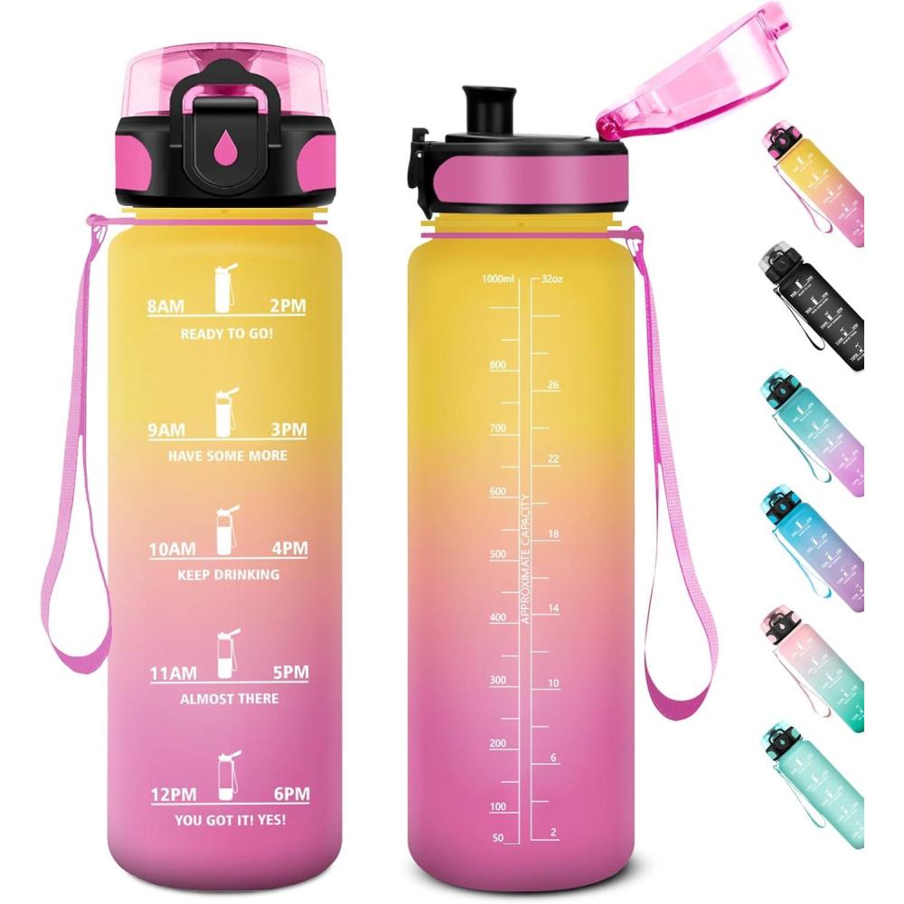 image:imageGourde Sport 1L Gourde Gym sans BPA tanche et Rutilisable Bouteille deau avec Marqueur de Temps et Filtre Gourdes pour Enfant Adulte Garon Fille lcole Camping Gym Sport Yoga32oz1000ml Jaune Rose