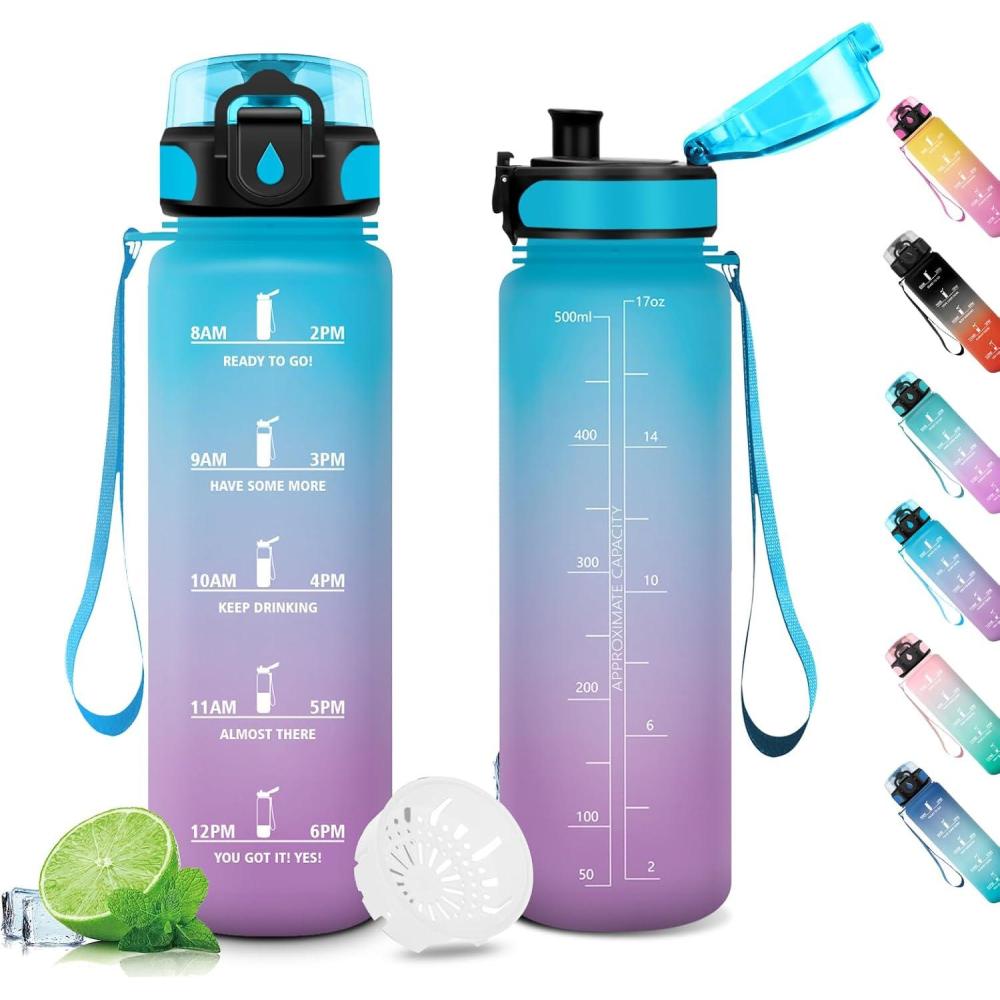 image:imageGourde Sport 1L Gourde Gym sans BPA tanche et Rutilisable Bouteille deau avec Marqueur de Temps et Filtre Gourdes pour Enfant Adulte Garon Fille lcole Camping Gym Sport Yoga17oz500ml Bleu Lilas