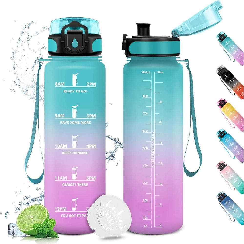 image:imageGourde Sport 1L Gourde Gym sans BPA tanche et Rutilisable Bouteille deau avec Marqueur de Temps et Filtre Gourdes pour Enfant Adulte Garon Fille lcole Camping Gym Sport Yoga32oz1000ml Vert Rose Clair