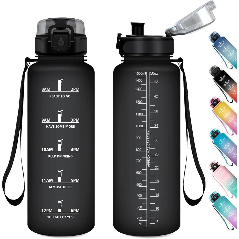 image:imageGourde Sport 1L Gourde Gym sans BPA tanche et Rutilisable Bouteille deau avec Marqueur de Temps et Filtre Gourdes pour Enfant Adulte Garon Fille lcole Camping Gym Sport Yoga50oz1500ml Mat Noir