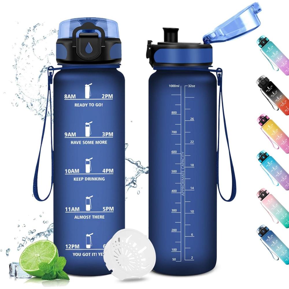 image:imageGourde Sport 1L Gourde Gym sans BPA tanche et Rutilisable Bouteille deau avec Marqueur de Temps et Filtre Gourdes pour Enfant Adulte Garon Fille lcole Camping Gym Sport Yoga32oz1000ml Mat Marine Bleu