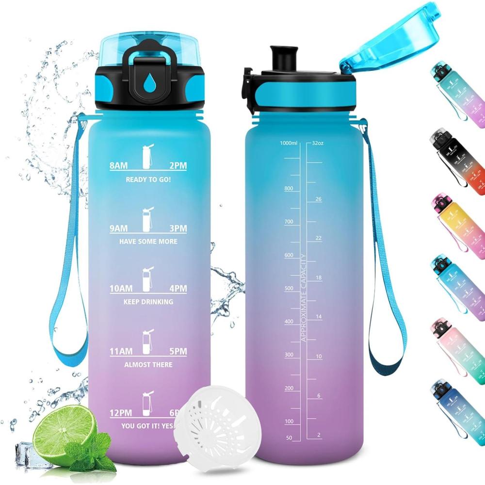image:imageGourde Sport 1L Gourde Gym sans BPA tanche et Rutilisable Bouteille deau avec Marqueur de Temps et Filtre Gourdes pour Enfant Adulte Garon Fille lcole Camping Gym Sport Yoga32oz1000ml Bleu Lilas
