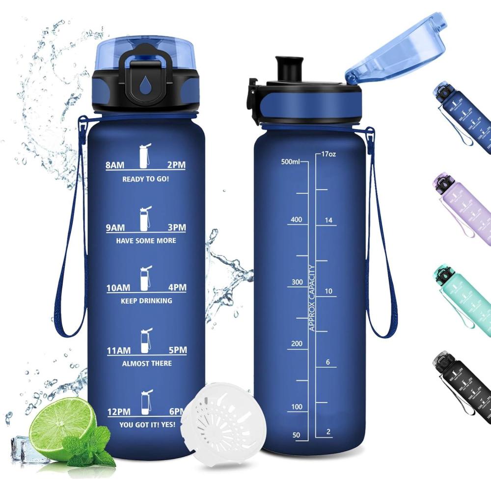 image:imageGourde Sport 1L Gourde Gym sans BPA tanche et Rutilisable Bouteille deau avec Marqueur de Temps et Filtre Gourdes pour Enfant Adulte Garon Fille lcole Camping Gym Sport Yoga17oz500ml Mat Marine Bleu