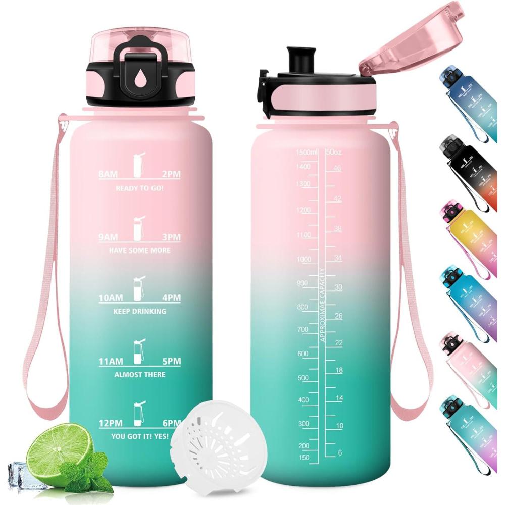 image:imageGourde Sport 1L Gourde Gym sans BPA tanche et Rutilisable Bouteille deau avec Marqueur de Temps et Filtre Gourdes pour Enfant Adulte Garon Fille lcole Camping Gym Sport Yoga50oz1500ml Rose Cyan