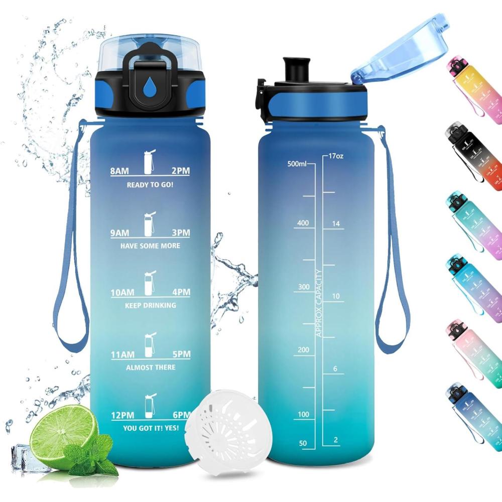 image:imageGourde Sport 1L Gourde Gym sans BPA tanche et Rutilisable Bouteille deau avec Marqueur de Temps et Filtre Gourdes pour Enfant Adulte Garon Fille lcole Camping Gym Sport Yoga17oz500ml Bleu Vert