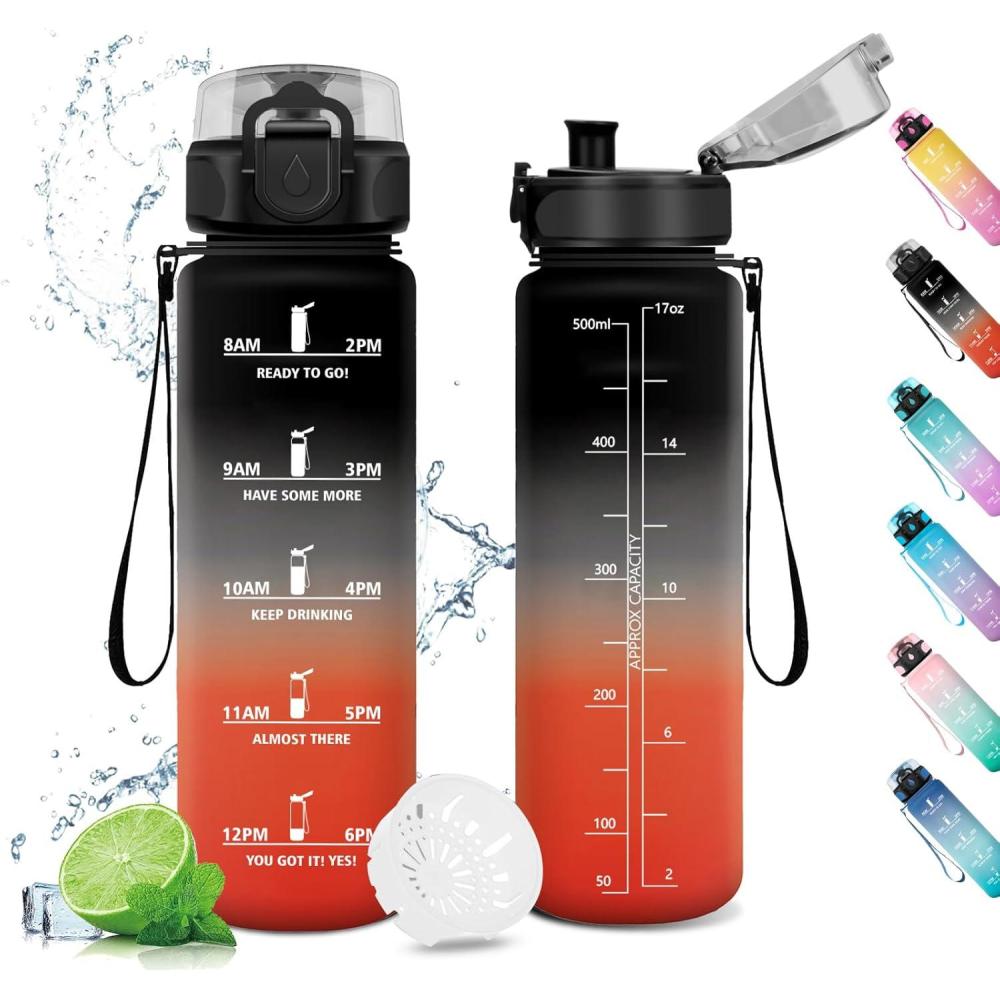 image:imageGourde Sport 1L Gourde Gym sans BPA tanche et Rutilisable Bouteille deau avec Marqueur de Temps et Filtre Gourdes pour Enfant Adulte Garon Fille lcole Camping Gym Sport Yoga17oz500ml Noir Rouge