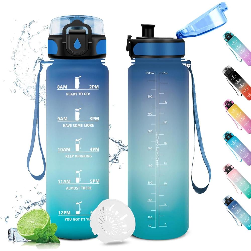 image:imageGourde Sport 1L Gourde Gym sans BPA tanche et Rutilisable Bouteille deau avec Marqueur de Temps et Filtre Gourdes pour Enfant Adulte Garon Fille lcole Camping Gym Sport Yoga32oz1000ml Bleu Vert