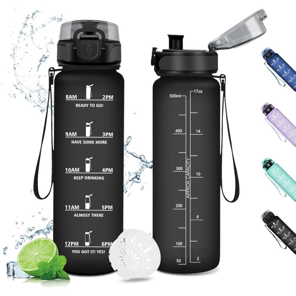 image:imageGourde Sport 1L Gourde Gym sans BPA tanche et Rutilisable Bouteille deau avec Marqueur de Temps et Filtre Gourdes pour Enfant Adulte Garon Fille lcole Camping Gym Sport Yoga17oz500ml Mat Noir