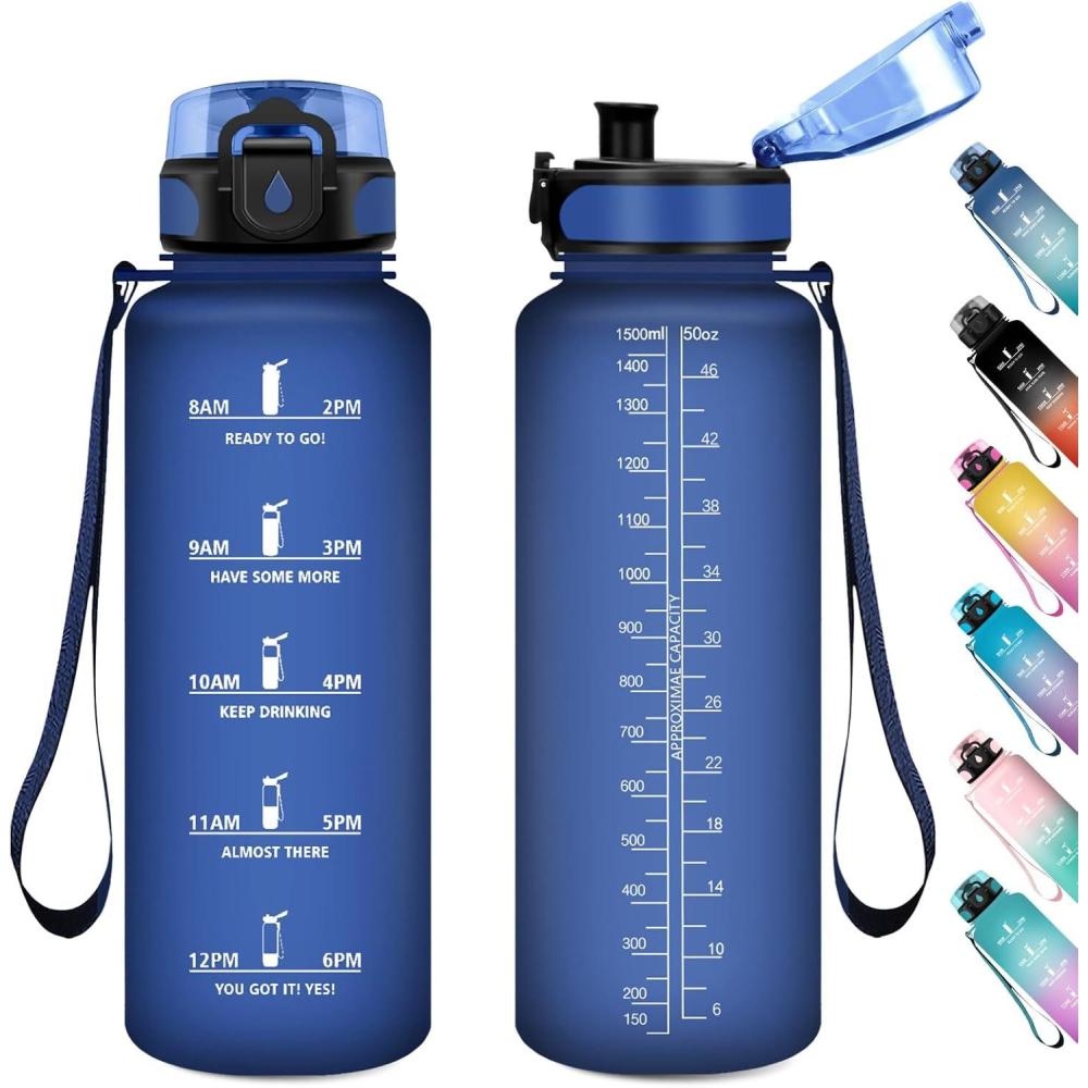 image:imageGourde Sport 1L Gourde Gym sans BPA tanche et Rutilisable Bouteille deau avec Marqueur de Temps et Filtre Gourdes pour Enfant Adulte Garon Fille lcole Camping Gym Sport Yoga50oz1500ml Mat Marine Bleu
