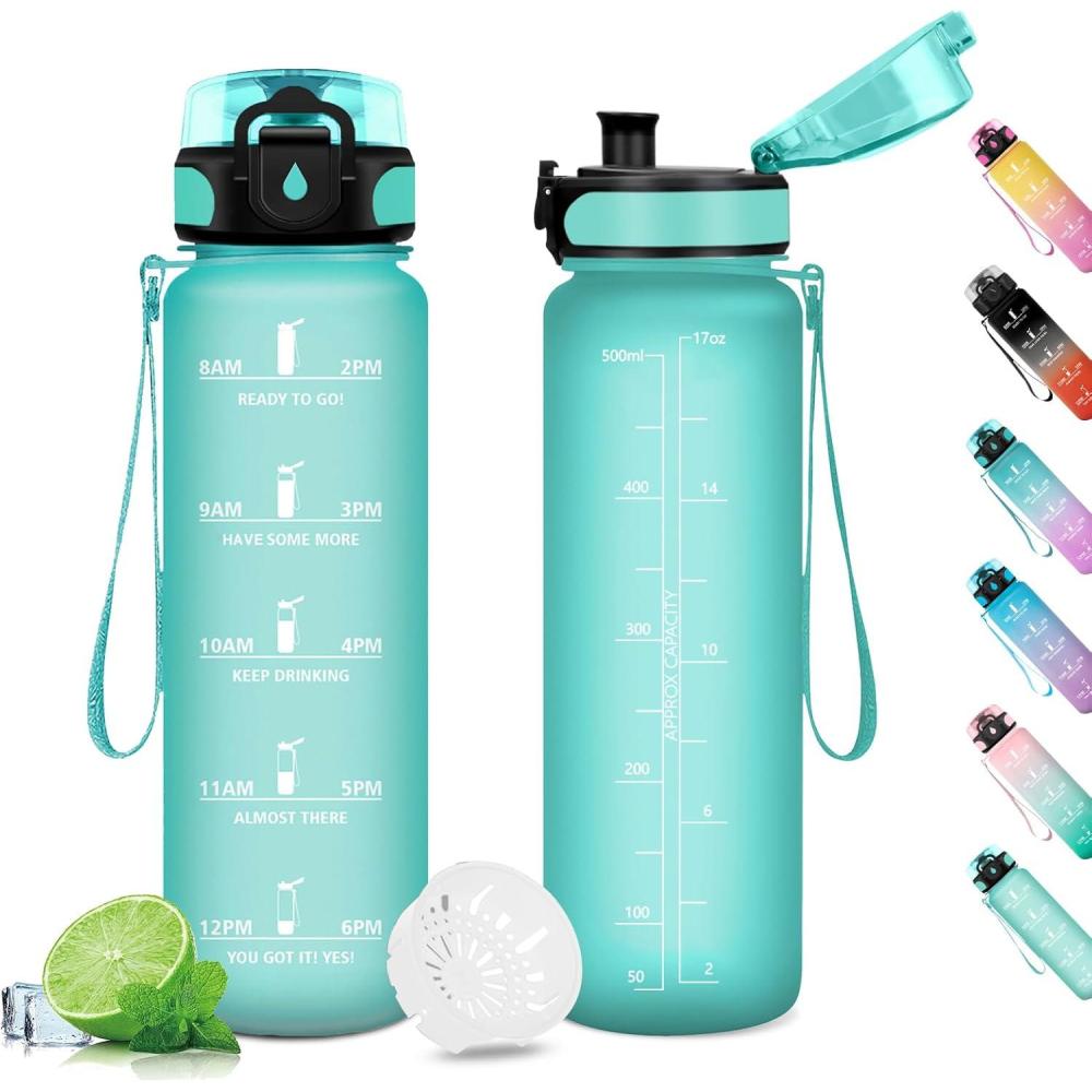 image:imageGourde Sport 1L Gourde Gym sans BPA tanche et Rutilisable Bouteille deau avec Marqueur de Temps et Filtre Gourdes pour Enfant Adulte Garon Fille lcole Camping Gym Sport Yoga17oz500ml Mat Bleuvert