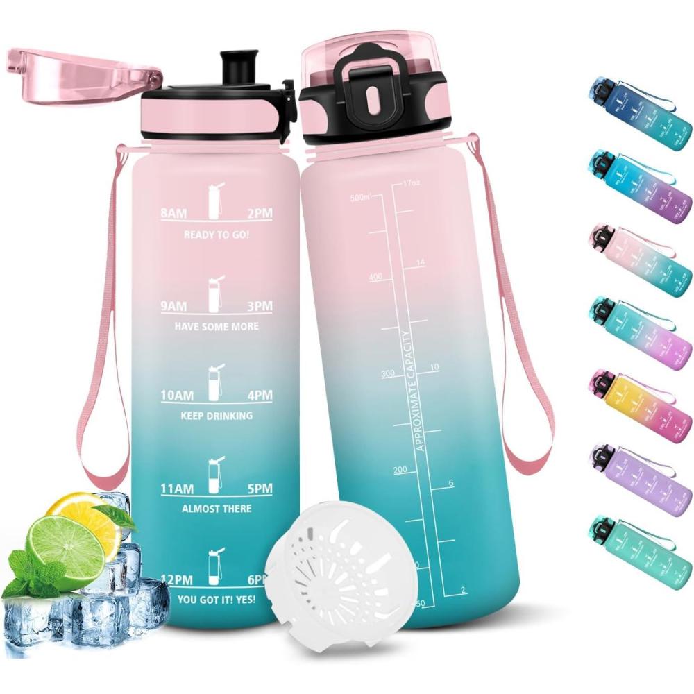 image:imageHoneyHolly Gourde Sport 1500ml tanche ampamp Rutilisable Bouteille Motivation avec Filtre Gourde Bouteille deau Gourdes pour Gym Ecole Cyclisme Plein air SportRose Cyan0 5 L