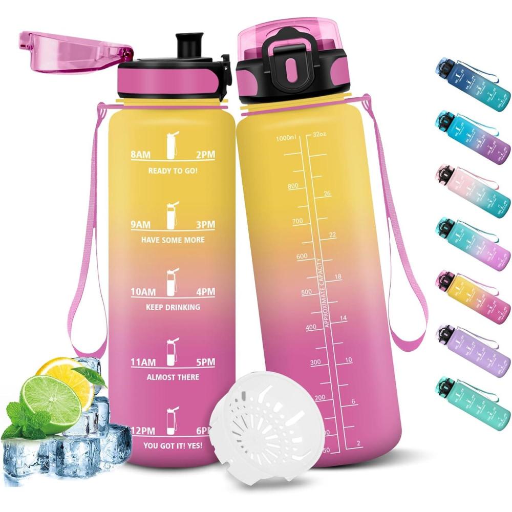 image:imageHoneyHolly Gourde Sport 1500ml tanche ampamp Rutilisable Bouteille Motivation avec Filtre Gourde Bouteille deau Gourdes pour Gym Ecole Cyclisme Plein air SportJaune Rose1l