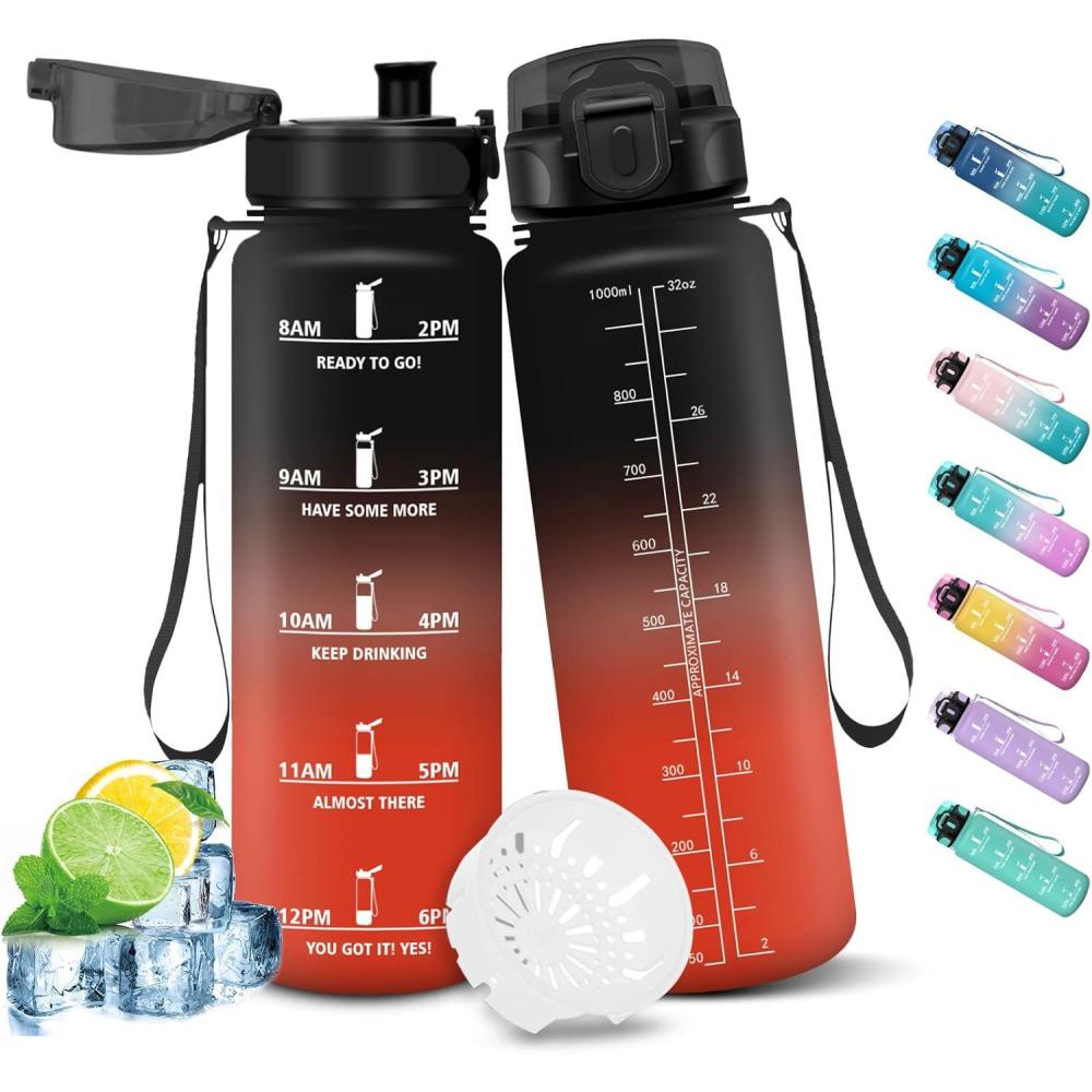 image:imageHoneyHolly Gourde Sport 1500ml tanche ampamp Rutilisable Bouteille Motivation avec Filtre Gourde Bouteille deau Gourdes pour Gym Ecole Cyclisme Plein air SportNoir Rouge1l